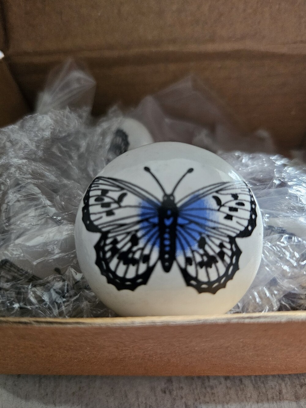 White Ceramic Drawer Knob with Black and Blue Butterfly Set Of 12  1.5" Round